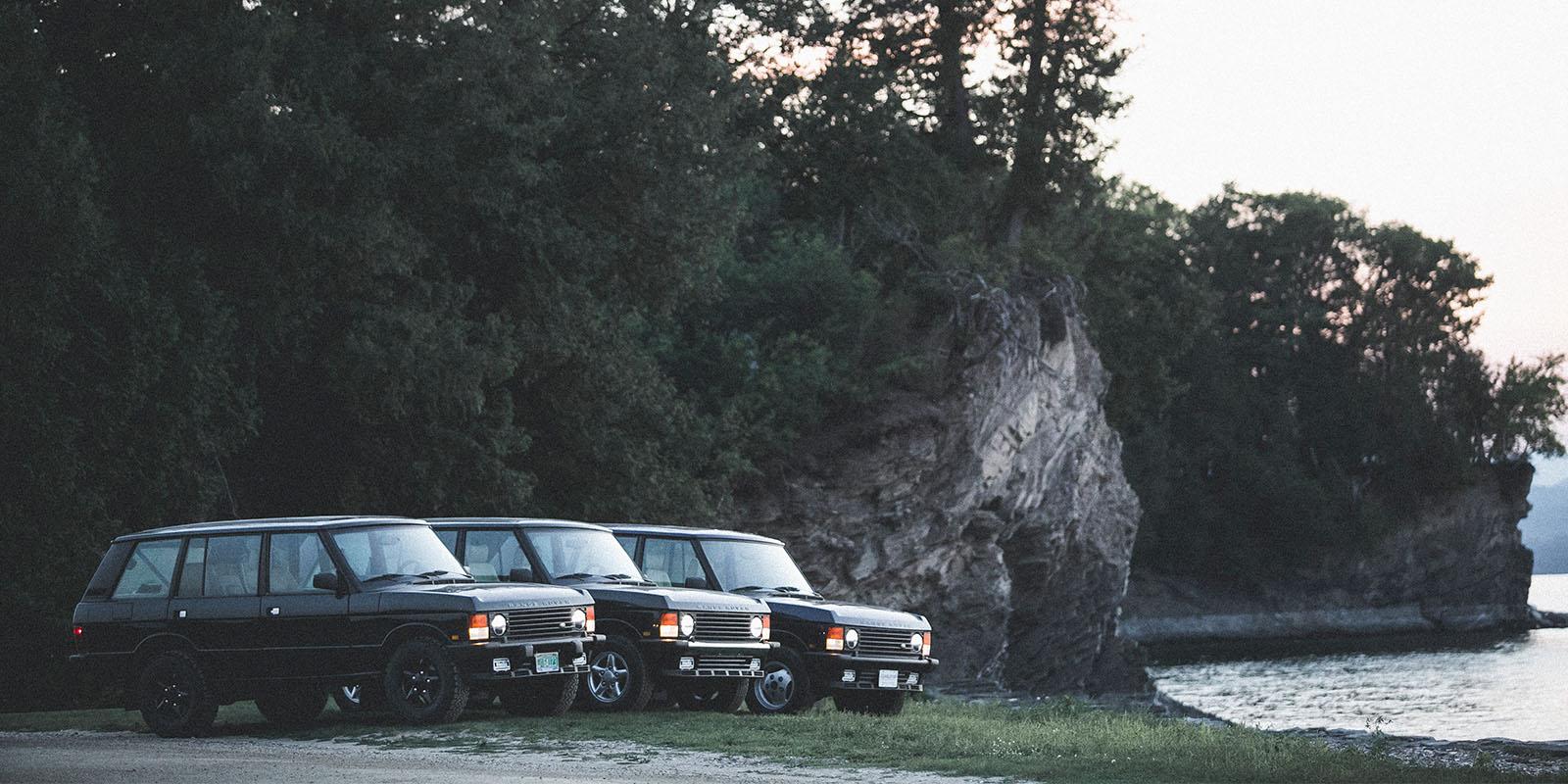 Three Range Rover Classics parked near Lake Champlain in Vermont
